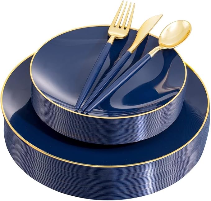 Liacere 150PCS Blue Plastic Plates - Gold Plastic Silverware with Blue Handle - Navy Disposable Plates Include 30 Guests Plates,Forks,Spoons,Knives for Party & Back to School Party & Labor Day