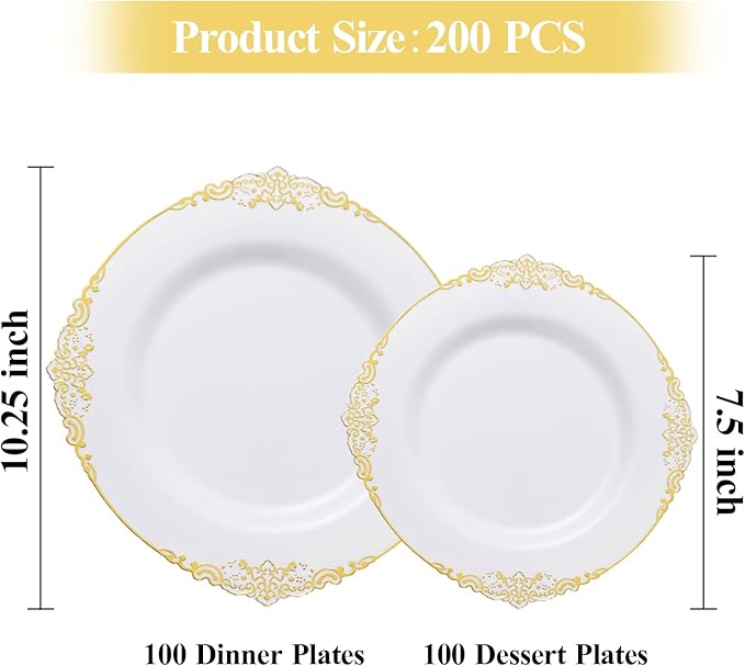 Bestluck 200 PCS White and Gold Plastic Plates for 100 Guests, Gold Disposable Plates Include 100 PCS Dinner Plates, 100 PCS Dessert Plates for Party, Wedding and Graduation