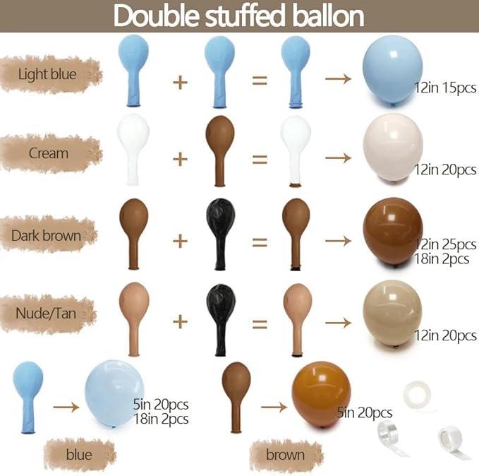 Blue Brown Nude Balloon Garland Double Stuffed Dusty Blue Coffee Pastel Balloon Kit for Teddy Bear Baby Shower Boy Birthday Gender Reveal Boho Theme Party Decorations