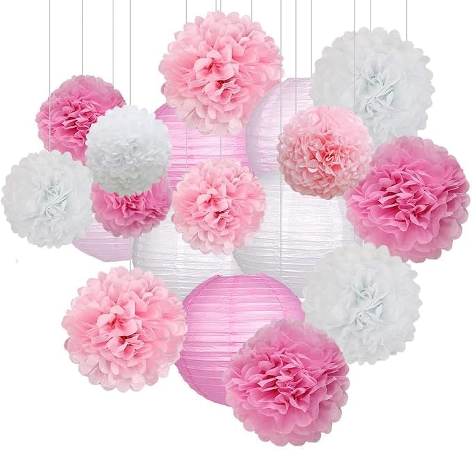 Celehappy Pink Paper Lanterns Decoration Tissue Paper Pom Poms Paper Flower 18pcs Party Decorations for Baby Shower Wedding Valentine Birthday Party - Hot Pink/Pink/White