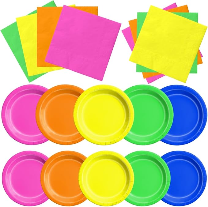CMUSKO Glow in the Dark Party Supplies - 60Pcs Neon Party Plates & Napkins Set 80s Neon Let's Glow Themed Tableware for Birthday