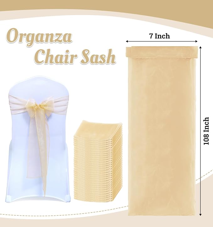 MDS® Pack of 125 Organza Chair Sashes for Wedding Decoration, Reusable Sheer Chair Bows for Banquet Chair Cover, Reception, Bridal Shower, Baby Shower, Birthday Party & Special Events - Beige