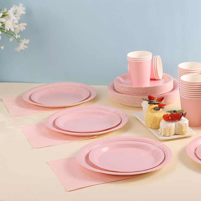200 Pcs Baby Pink Plates and Napkins Party Supplies, Girl Baby Shower Plates and Cups and Napkins Sets Serves 50, Light Pink Party Decorations, Bow Birthday Decorations