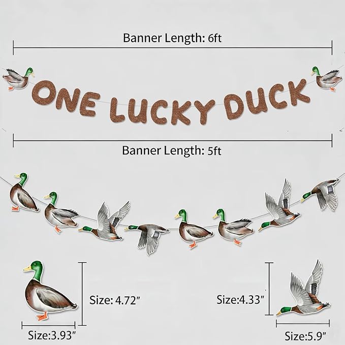 One Lucky Duck 1st Birthday Decorations- Mallard Duck Hunting High Chair Banner，One Lucky Duck Highchair Banner First Birthday with Cake Topper, Party Hat Mallard Duck Birthday Party Supplies