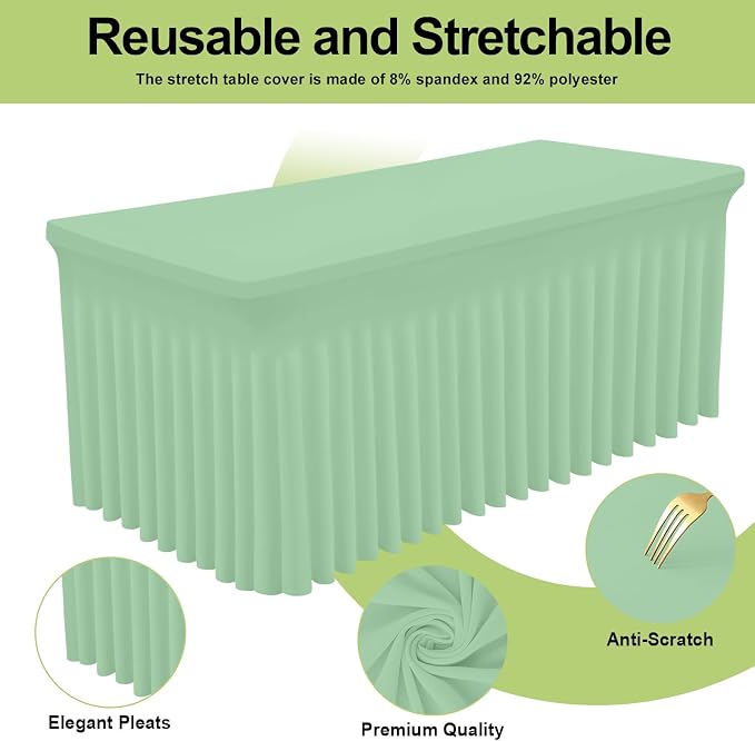 Smiry Spandex Tablecloth 2 Pack, Elastic Fitted Stretch Tablecloth for 8FT Rectangle Tables, Waterproof Washable Table Cover Skirt for Wedding, Banquet & Parties (Light Green, 96Lx30Wx30H Inch)