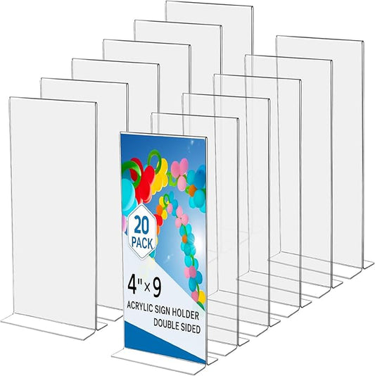 Thyle 20 Pack Acrylic Sign Holders 4"x9",Clear Table Menu Display, Double Sided Plastic Flyer Display Stand for Restaurant Menu, Price Sign, Deli, Office, Counter, Easy to Insert and Change