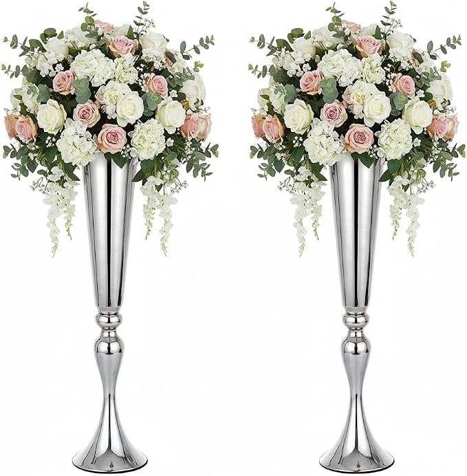 Metal Trumpet Vases for Centerpieces - Set of 2 Elegant Silver Vases for Table, 21.9" Tall Flower Stands for Table Centerpieces Anniversary Celebration Christmas Event Party Home Wedding Decorations