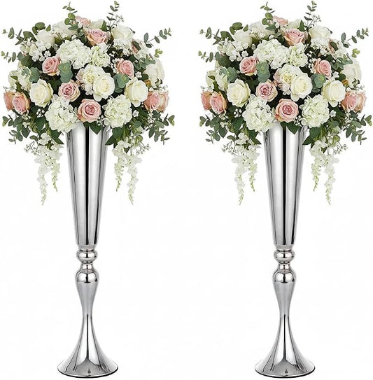 Metal Trumpet Vases for Centerpieces - Set of 2 Elegant Silver Vases for Table, 21.9" Tall Flower Stands for Table Centerpieces Anniversary Celebration Christmas Event Party Home Wedding Decorations