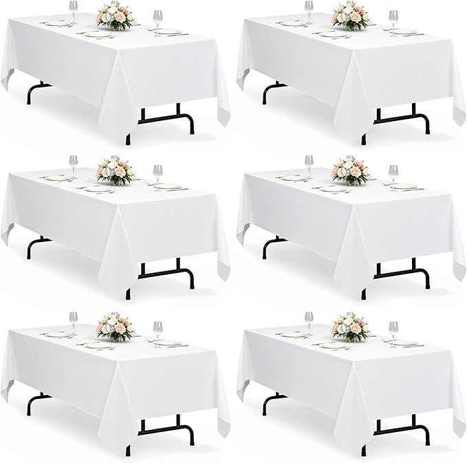 Decorelia White Faux Linen Table Cloths for 6 Ft Rectangle Tables-6 Pack, Washable Polyester Rustic Fabric Faux Linen Table Cloth Cover for Wedding,Outdoor,Events, Party,Banquet, Dining, 60x102 Inch