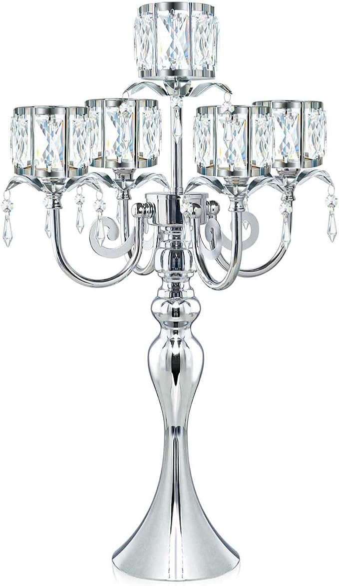 Silver 5 Arm Pendant Square Crystal Candle Holder, 22 Inches Table Decor Classic and Elegant Table Centerpiece Atmosphere Candlestick for Gift Wedding Party Home Decor