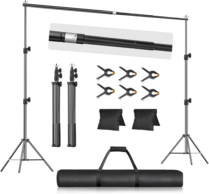 EMART 10x7.9FT Backdrop Stand, Photo Video Studio Adjustable&Lockable Heavy Duty Background Support System Kit with 6 Backdrop Clamps, 2 Sandbag and Carry Bag for Photography, Parties, Wedding, Video