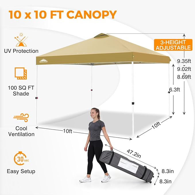 EAGLE PEAK Pop Up Canopy Tent with Wheeled Carry Bag, 8 Stakes, 4 Ropes, 4 Weight Bags, Easy Set Up Tent Canopy, 10x10 ft, 100sqft of Shade, Beige