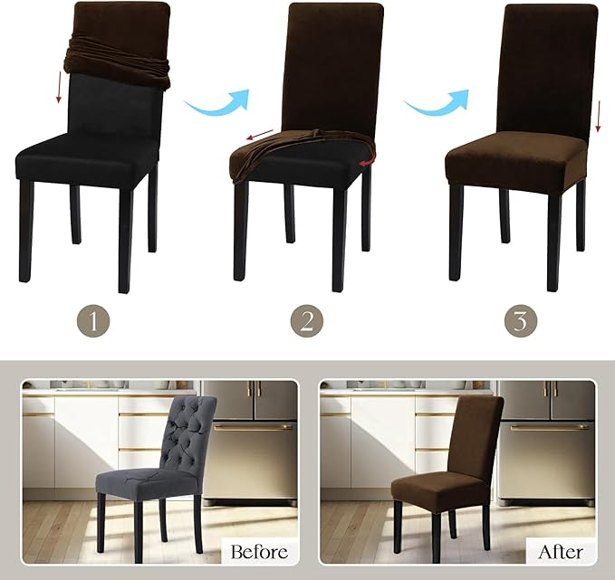 MOSAYT Velvet Stretch Chair Covers for Dining Room Set of 6 - Soft Slipcovers with Thick Removable Fabric for Parsons Chairs, Washable Seat Protectors for Kitchen, Banquet & Home Decor, Coffee