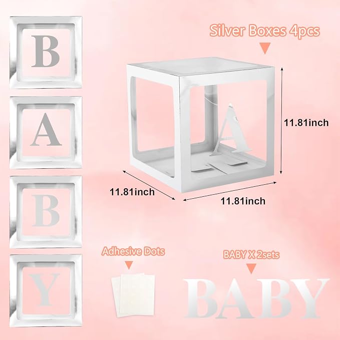 Baby Boxes with Letters for Baby Shower, Baby Shower Decorations with 4 Balloon Boxes for Gender Reveal Baby Shower Decorations(Silver)