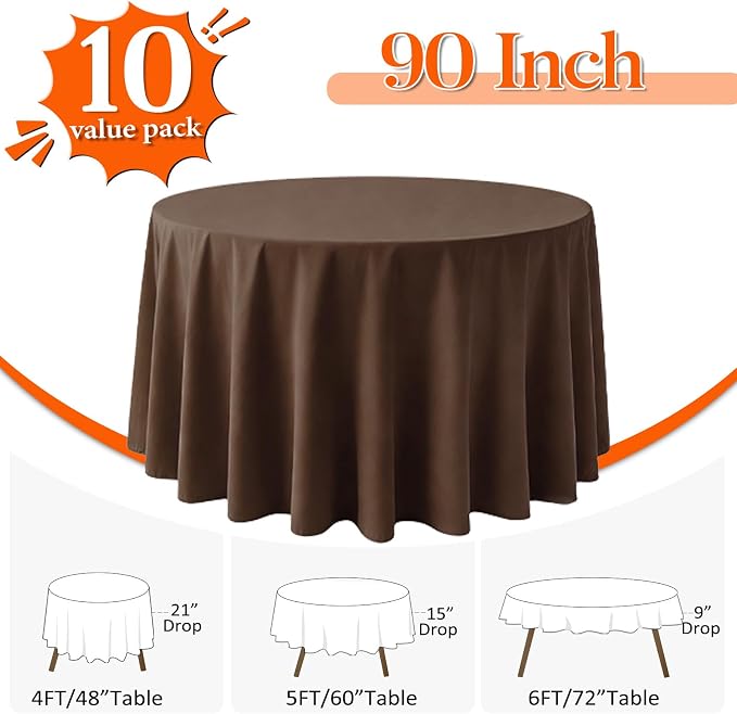 10 Pack Brown Round Tablecloth 90 Inch Round Table Cloth Wrinkle Resistant Brown Tablecloth Washable and Reusable Polyester Fabric Table Covers for Banquet Wedding Party Dining Buffet