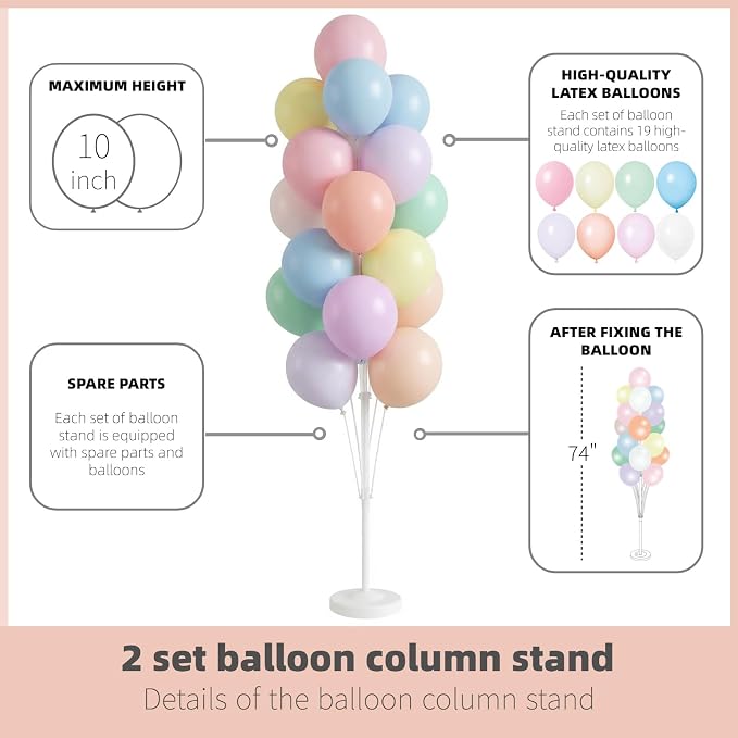 Pastel Balloon Column Kit Set of 2 With Macaron Latex Balloons Stand Included - Base,Pole,Balloon Tower Backdrop Decoration for Wedding,Baby Shower,Bridal,Graduation,Birthday,Easter Party,Bachelorette