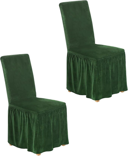 NICEEC Spandex Chair Covers for Dining Chairs Covers Set of 2 Removable Dining Room Chair Covers with Skirt Parson Chair Slipcovers Washable Chair Protector for Kitchen Wedding Party Banquet(Green)