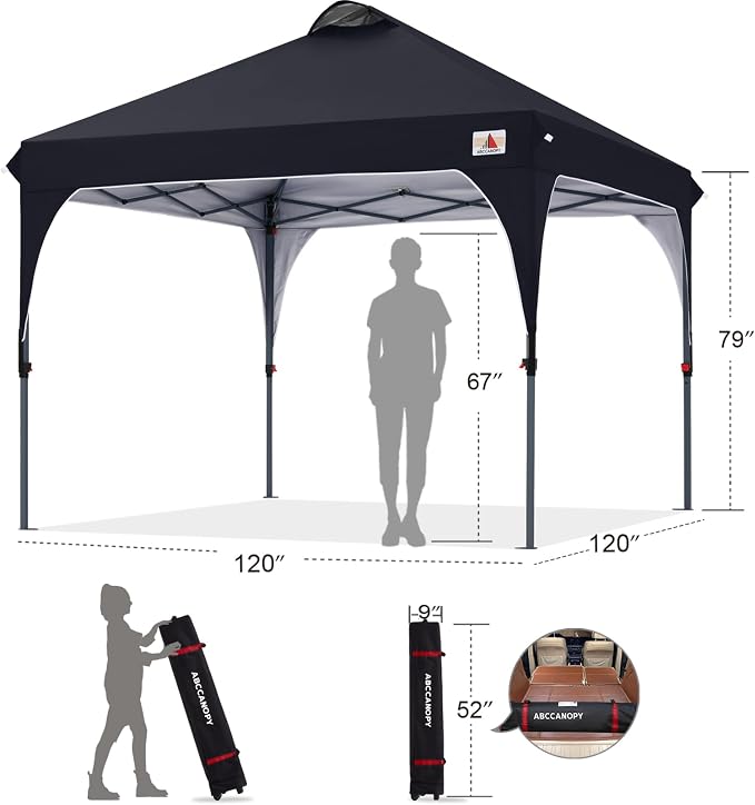 ABCCANOPY Outdoor Pop up Canopy Tent, 10x10 Instant Portable Canopy for Camping, Beach, Backyard, Dark Black