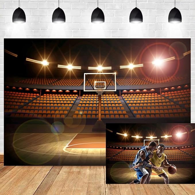 12x10ft Basketball Court Photography Backdrop Spotlight Sports Indoor Stadium Match Arena Game Background Boy Man Youngsters Artistic Portrait Photo Shoot Studio Video Props Vinyl Wallpaper