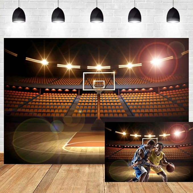10x8ft Basketball Court Photography Backdrop Spotlight Sports Indoor Stadium Match Arena Game Background Boy Man Youngsters Artistic Portrait Photo Shoot Studio Video Props Vinyl Wallpaper