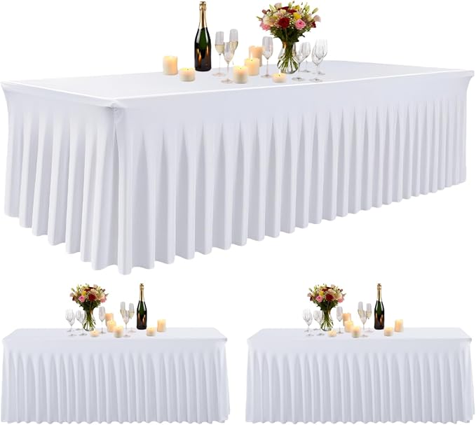 3 Pack White Spandex Table Clothes for 6 Foot Rectangle Tables, Fitted Stretch Table Cover 6ft White Spandex Tablecloths with Table Skirt for Weddings Birthday Parties Banquet Baby Shower