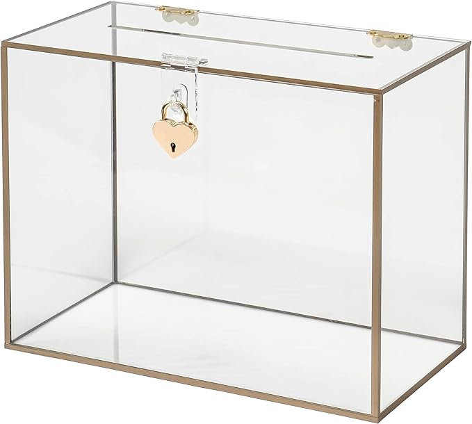 Red Co. 10.5” x 8.5” Clear Acrylic Wedding Card Box with Golden Frame and Heart Shaped Lock