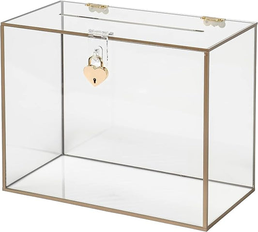 Red Co. 10.5” x 8.5” Clear Acrylic Wedding Card Box with Golden Frame and Heart Shaped Lock