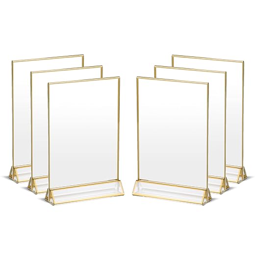 UNIQOOO Acrylic Sign Holders with Golden Border, Portrait View, Pack of 6 | 4x6 Inches Double Sided Clear Frame, Perfect for Wedding reception, Centerpiece, Decoration, Party,Anniversary, Event