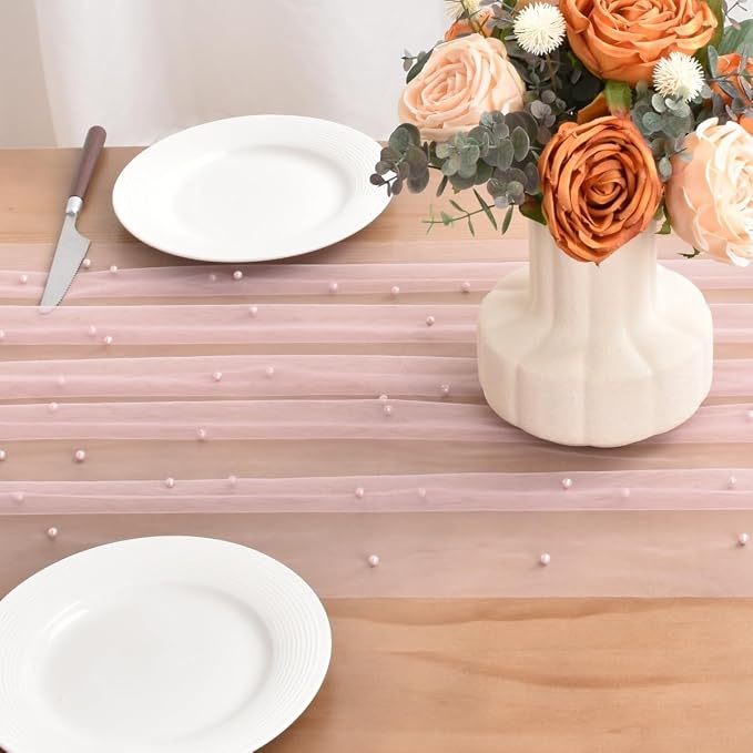 Blushing Pink Pearl Table Runner Boho Rustic Tulle Lace Dining Baby Shower Wedding Arch Decor Veil Dessert Holiday Centerpiece Table Decor