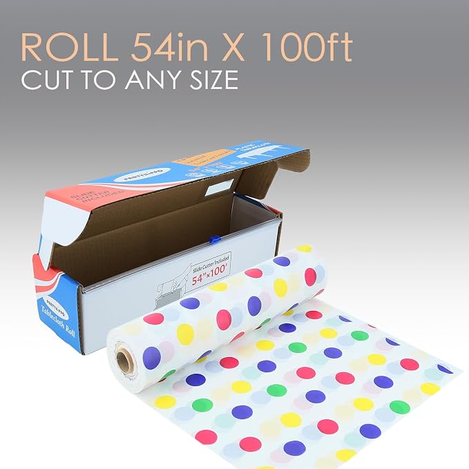 Plastic Tablecloth Roll – 54" x 100' Plastic Tablecloths for Parties Disposable with Cutter Box - Cut to Size Disposable Tablecloth for Rectangle & Round (Colorful Dots)
