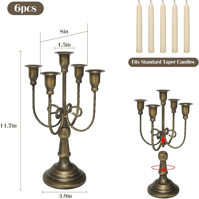 5 Arm Bronze Candelabra Candle Holder Set of 6, 11.7" Vintage Metal Candlestick Holders for Taper Candles Elegant Wedding Centerpiece Table Decor for Dining Room Fireplace Mantel Party Holiday Decor