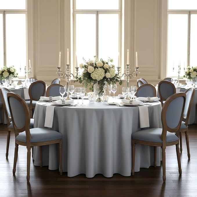 sancua Round Tablecloth - 108 Inch - Water Resistant Spill Proof Washable Polyester Table Cloth Decorative Fabric Table Cover for Dining Tables, Buffet Parties and Camping, Silver Grey