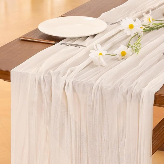 Socomi 10pcs Ivory White Cheesecloth Table Runner Boho Rustic Gauze 120 inch 10FT Cheese Cloth Sheer Runner for Wedding Party Baby Shower Birthday Home Decor Holiday Decorations