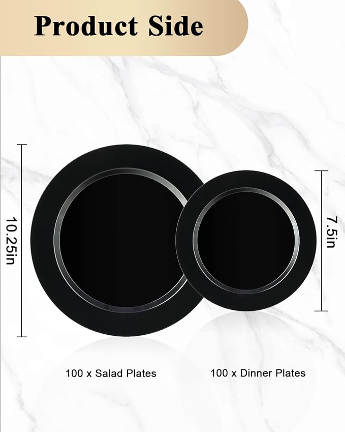 BESTVIP 200PCS Black Plastic Plates, Disposable Party Plates with 100 Dinner Plates and 100 Dessert Plates, Plastic Plates for Party, Wedding, Birthday