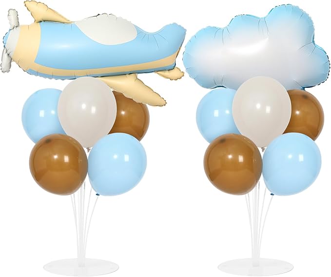Airplane Baby Shower Birthday Party Decorations Balloons Stand Kit 2 Sets with 2 Airplane Cloud Foil Balloons Baby Boy Shower Balloon Centerpiece for Table for Kid Time Flies 1st Birthday Party Decor