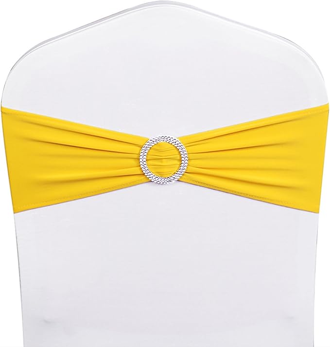 Pack of 50 Spandex Yellow Chair Sashes Bows Elastic Chair Bands with Buckle Slider Sashes Bows for Wedding Decorations Without White Covers (Yellow)