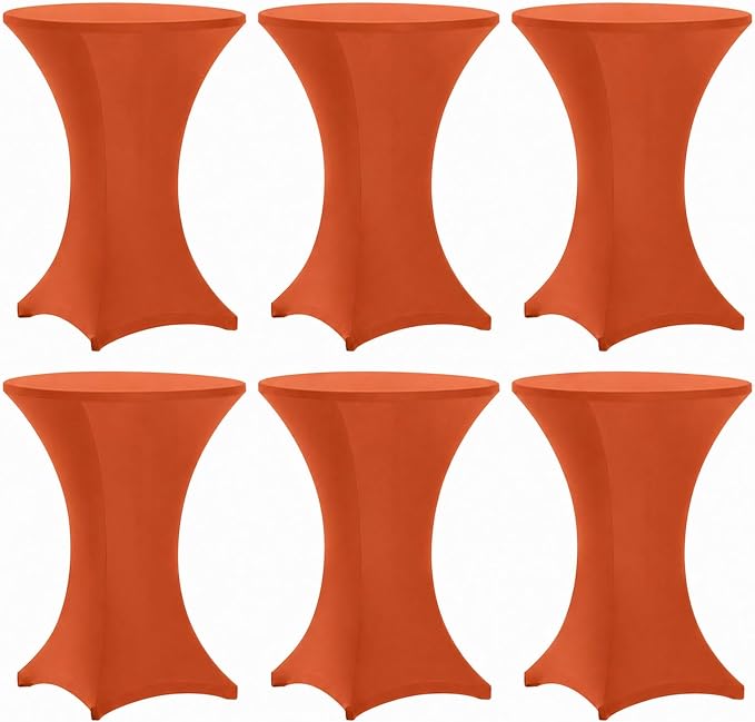 Cocktail Table Covers - 6 Pack 32x43 Inch Table Cloth - Orange Fitted Stretch Spandex Round High Top Tablecloth for Party, Bar, Birthday, Pub, Banquet