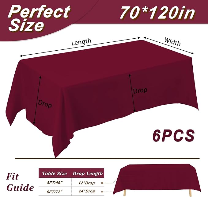 Fixwal 6 Pack Burgundy 70 x 120 Inch Rectangle Tablecloths, Reusable Washable Polyester Table Covers, Stain and Wrinkle Resistant for 6-8 Ft Tables, Wedding, Party, Thanksgiving, Formal Events