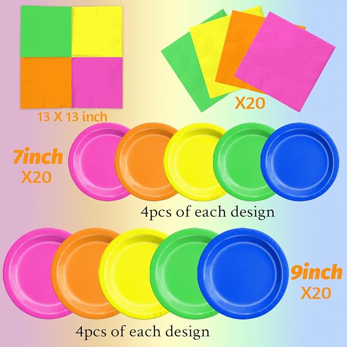 CMUSKO Glow in the Dark Party Supplies - 60Pcs Neon Party Plates & Napkins Set 80s Neon Let's Glow Themed Tableware for Birthday