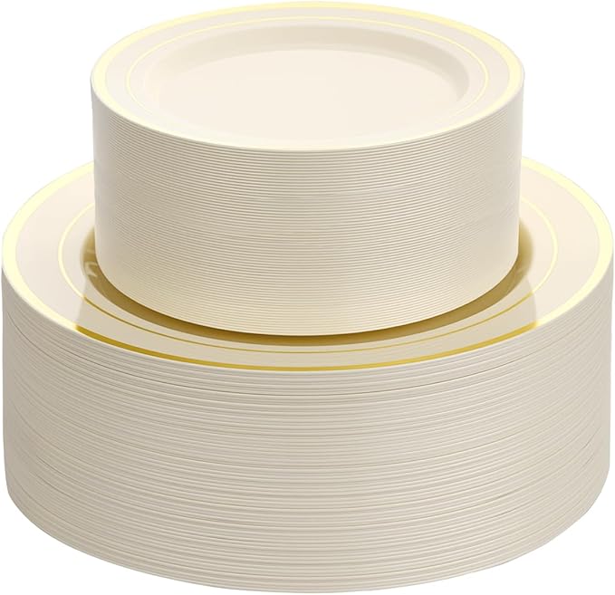 Goodluck 200 PCS Ivory and Gold Plastic Plates, Heavy Duty Disposable Ivory Plates with 100 10.25 inch Dinner Plates and 100 7.5 inch Dessert Plates for Party, Holiday, Wedding