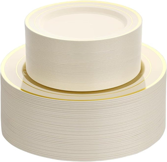 Goodluck 200 PCS Ivory and Gold Plastic Plates, Heavy Duty Disposable Ivory Plates with 100 10.25 inch Dinner Plates and 100 7.5 inch Dessert Plates for Party, Holiday, Wedding