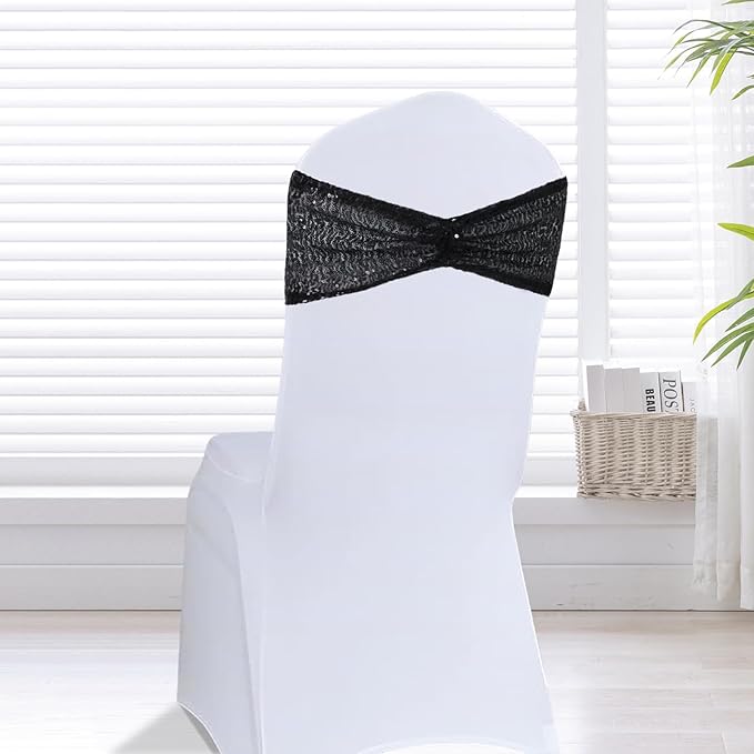 Eternal Beauty Set of 10 Black Chair Sashes Band Bows Sequin Chair Sashes for Wedding Cover Decorations
