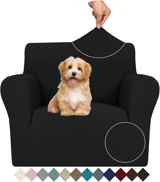 JIVINER Stretch Armchair Slipcovers, 1 Piece Chair Sofa Covers 1 Seater Couch Covers with Elastic Bottom for Kids, Pets (Black, Chair)