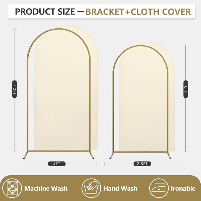 Arch Backdrop Stand and Cover Set, 2 Metal Balloon Arch Backdrop 7.2ft 6ft, Gold Arched Stand Frame for Wedding, Parties,Birthday, Backdrop Decorations (Beige,7.2ft+6ft)