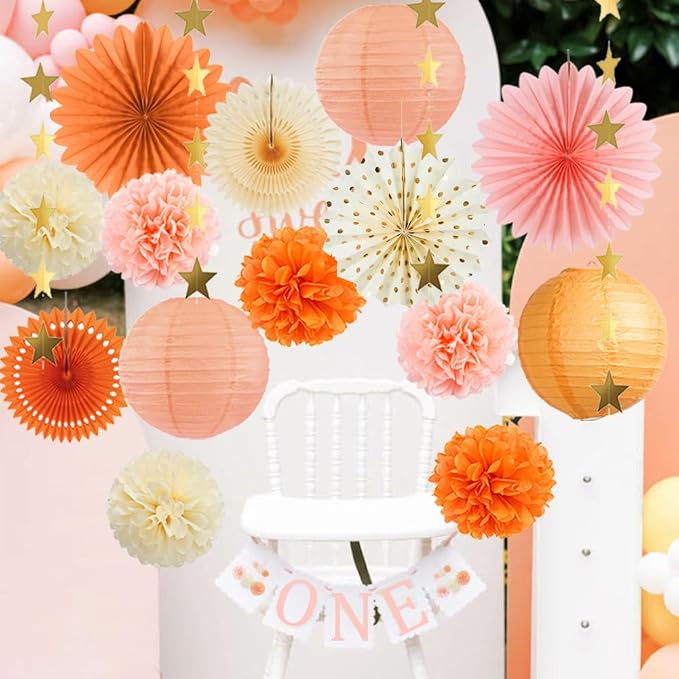 Beige Orange Peach Fall Party Decorations Boho Orange Peach Birthday Decorations Paper Fans Lanterns Peach and Cream Party Decorations for Autumn Baby Shower Bridal Shower Wedding Engagement Party