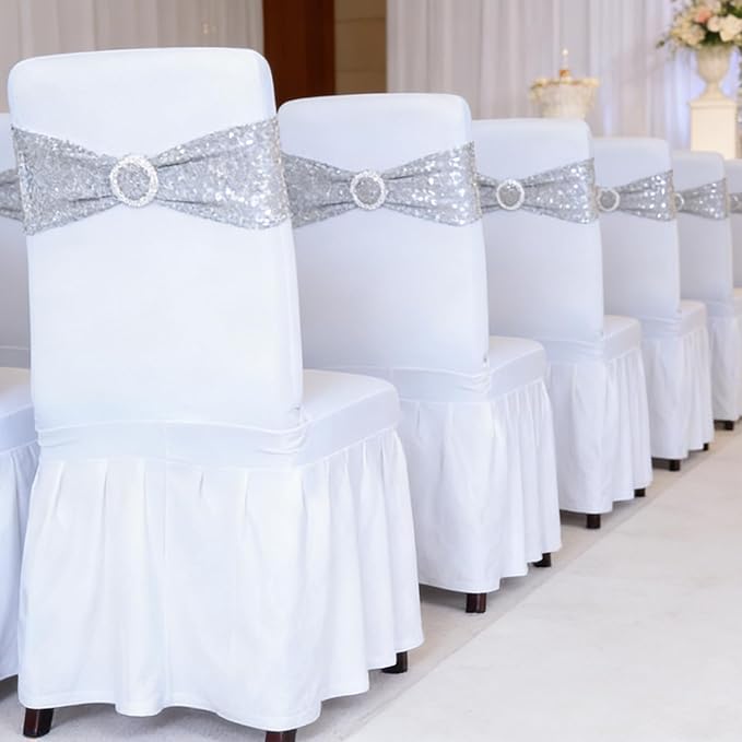SquarePie Pack of 50 Sequin Chair Sashes Bands Glitter Silver Double-Sided Sequins Stretch Chair Cover Bows with Buckle Slider for Wedding Party Fiesta Banquet Decor