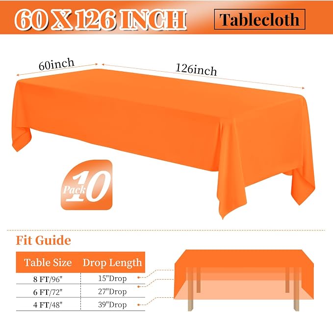 fani 10 Pack Orange Rectangle Tablecloth, 60 x 126 Inch Polyester Tablecloth for 8 Ft Tables, Washable Fabric Table Cover for Wedding Party Banquet