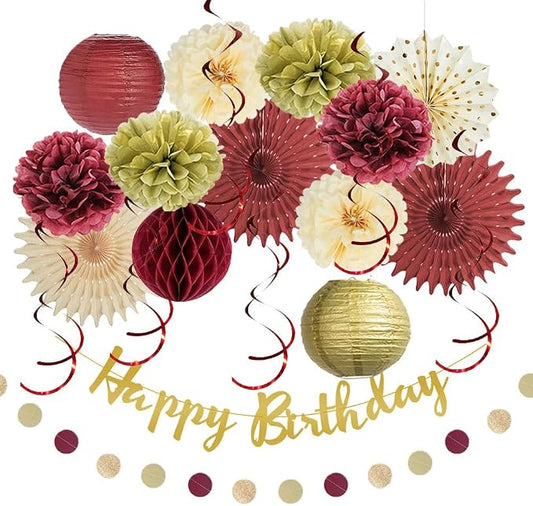 Burgundy Birthday Decorations for Women Maroon and Gold Party Decorations Tissue Paper Pom Poms Paper Fans Lanterns Maroon Birthday Decorations with Happy Birthday Banner Gold Circle Garland
