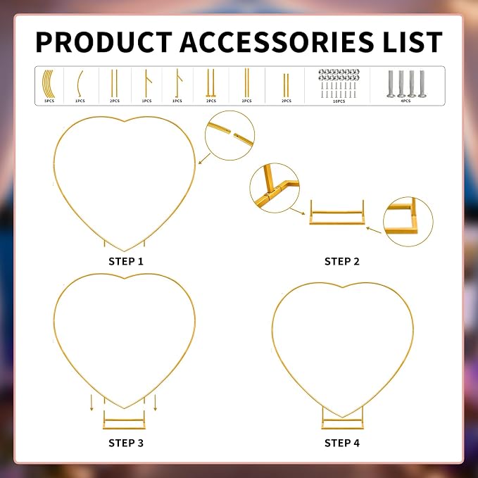 6.6 FT Heart Arch Stand, Balloon Arch Stand Kit with Base - Gold Heart Shaped Wedding Arch Frame for Proposal, Valentine‘s Day Backdrop, Birthday, Baby Shower Decor（Gold）