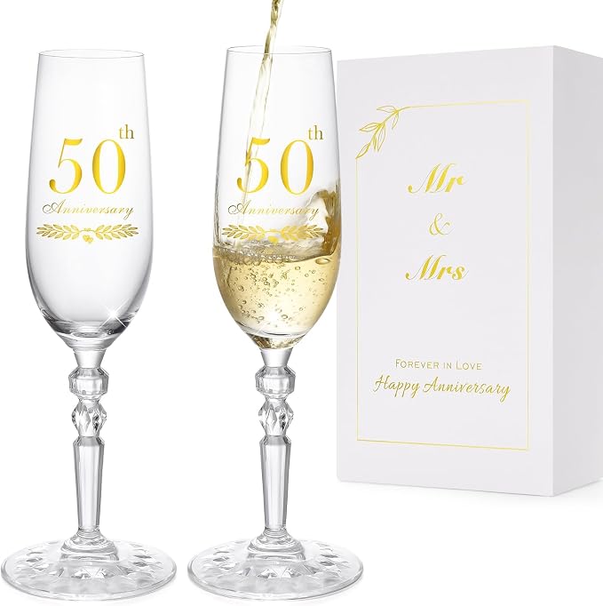 50th Anniversary Decorations Gifts for Couple, Classical Style 50th Wedding Anniversary Champagne Flutes Glasses, Crystal Champagne Glasses Set of 2, Gifts for Parents